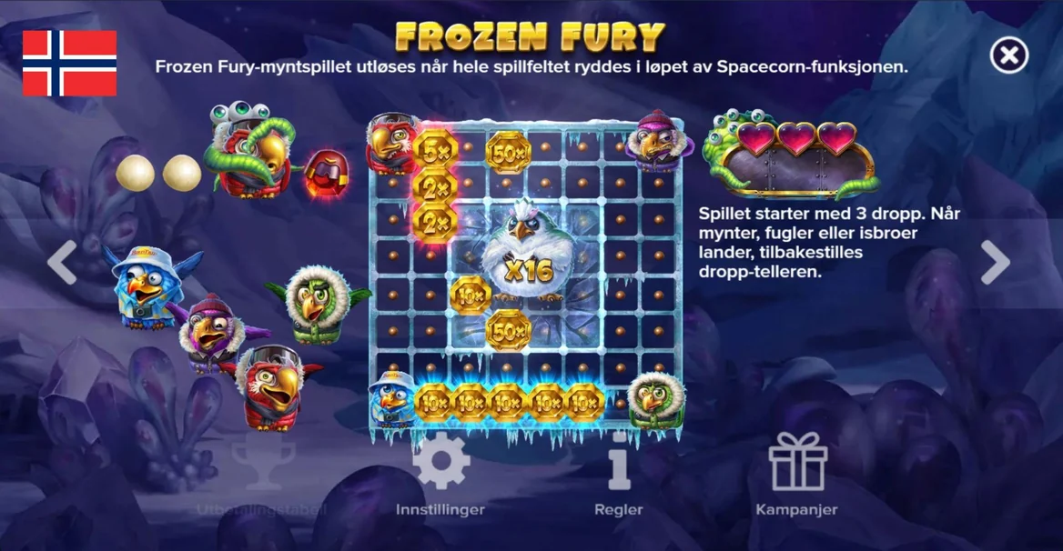 Frozen Fury bonusrunde med mynter, fugler og Yeti