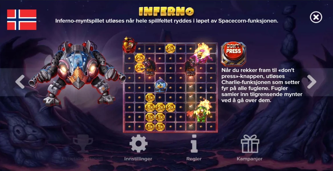 Inferno bonusrunde med mynter og Don't Press-knappen